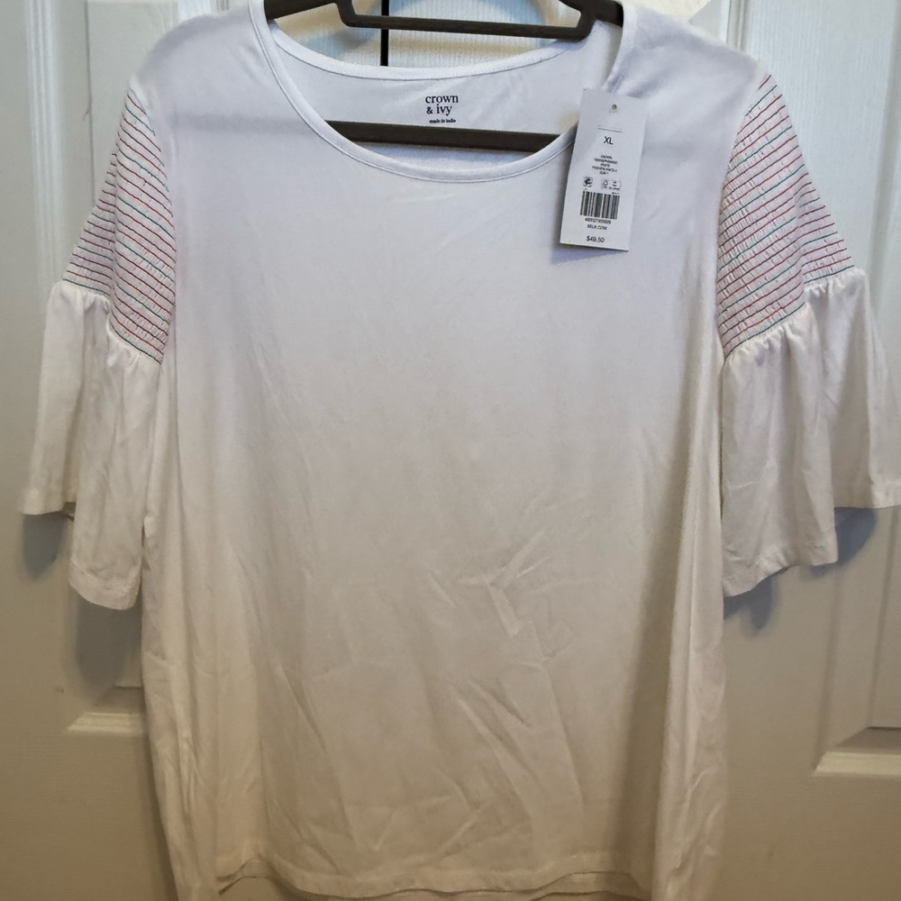 Crown White Blouse with Striped Sleeves